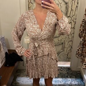 Altar'd State Tan and Cream Wrap Dress with Bishop Sleeves